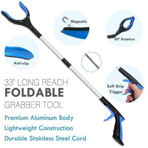 All-In-One Hip Replacement Recovery Kit For Seniors With 7 In 1 Assistive Tools Including Prime-Grabber Reacher, Sock Aid, 2-In-1 Shoehorn Dressing Stick, Leg Lifter, Back Scratcher, Bath Loofah. 33-inch foldable aluminum grabber tool with soft grip and magnetic tip