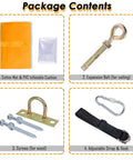 Package contents for Kids Pod Swing Hanging Seat with cotton mat, PVC cushion, expansion bolt, screws, strap, and hook.