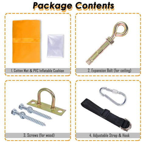 Package contents for Kids Pod Swing Hanging Seat with cotton mat, PVC cushion, expansion bolt, screws, strap, and hook.