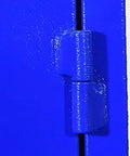 Extra Tall Lockable Metal Tool Cabinet With Two Doors Built Tough Heavy Duty Steel Construction Large Capacity Storage For Garage Workshop Basement Or Warehouse Keeps Tools Organized Safe And Easily Accessible. Blue steel door hinge close-up