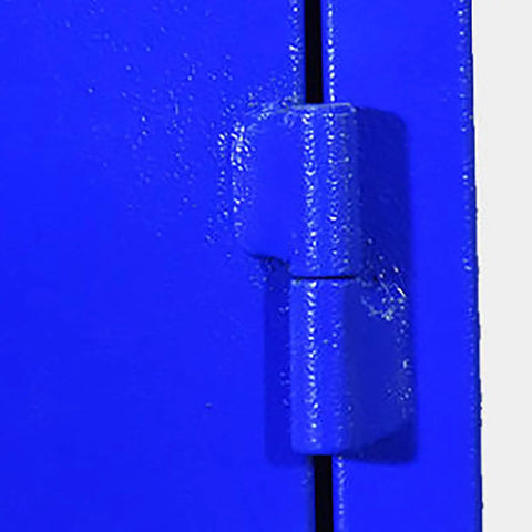 Extra Tall Heavy Duty Steel Tool Cabinet With Lockable Two Door Design Large Capacity Garage Storage For Tools And Equipment Industrial Grade Metal Storage Cabinet For Basement Workshop And Warehouse, blue door hinge close-up