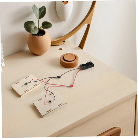 All-In-One Electrical Circuit Kit For Kids on wooden table with components for Safe Materials For Physics Experiments