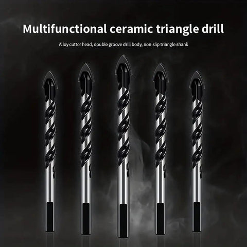 Heavy Duty Cross Hex Drill Bit Set With Hole Saw For Glass Ceramic Wood Plastic Tile Plus Metal Alloy Construction Featuring Tungsten Carbide Tips, five triangle drills.