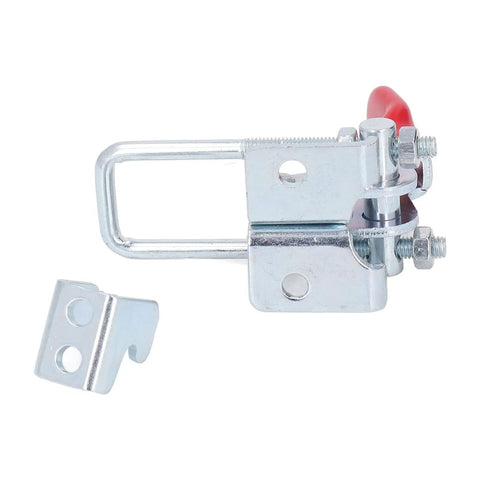 Heavy Duty Toggle Latch Clamp With Adjustable Design For Quick Fixing, Features High Strength Hot Rolled Steel Build To Hold Up To 320KG With Flexible Tension Control For Doors And Gates Without Any Issues. silver steel adjustable toggle latch clamp with red handle and catch
