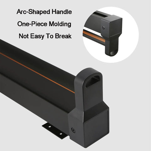 No Brainer Retractable Ceiling Mounted Clothes Rail with arc-shaped handle, sturdy one-piece molding, and easy break-resistant design.