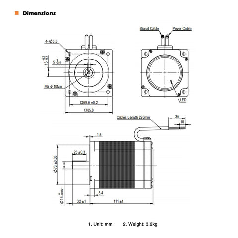 Front view of NEMA 34 integrated closed-loop stepper motor with built-in encoder; dimensioned mounting diagram