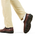 Mens Heavy Duty Waterproof Slip On Shoes For Outdoor Work And Garden Rain Featuring A Built Tough Comfort Support Insole With Durable Leather Print Upper For A Good As Gold Ride, showing the sole and side view.