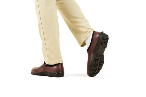 Mens Heavy Duty Waterproof Slip On Shoes For Outdoor Work And Garden Rain Featuring A Built Tough Comfort Support Insole With Durable Leather Print Upper For A Good As Gold Ride, showing the sole and side view.