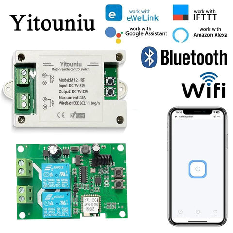 Front view: Yitouniu DC motor forward/reverse controller in white case with green relay board and smartphone app