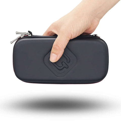 Slick Flash Drive Case and USB Stick Organizer for Keeping Thumb Drives Locked Down Tight, hand holding black EVA zipper case.