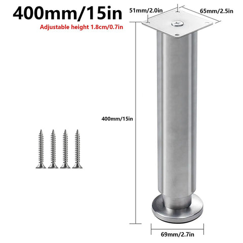 Adjustable Stainless Steel Furniture Legs Set Of 4 with screws and dimensions for heavy-duty support.