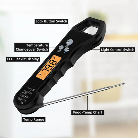 Ultra Fast IPX7 Waterproof Meat Thermometer With Backlight And Calibration, LCD display, showing temperature reading.