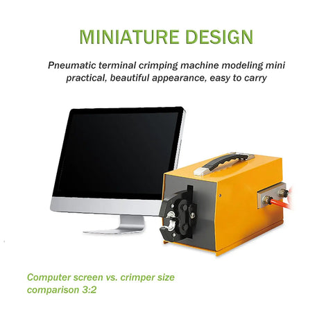Industrial Grade Pneumatic Crimping Machine That Delivers Reliable Air Powered Wire Terminal Crimping Plier size comparison with monitor.