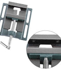 Super Heavy Duty Cast Iron Drill Press Vise Featuring Four Inch Jaw Width, showing sturdy jaws and slide mechanism for woodworking tasks.