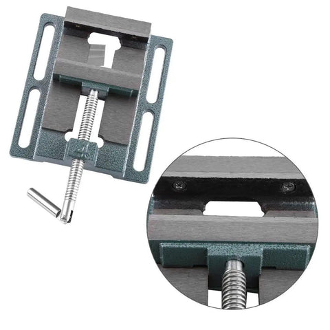 Super Heavy Duty Cast Iron Drill Press Vise Featuring Four Inch Jaw Width, showing sturdy jaws and slide mechanism for woodworking tasks.