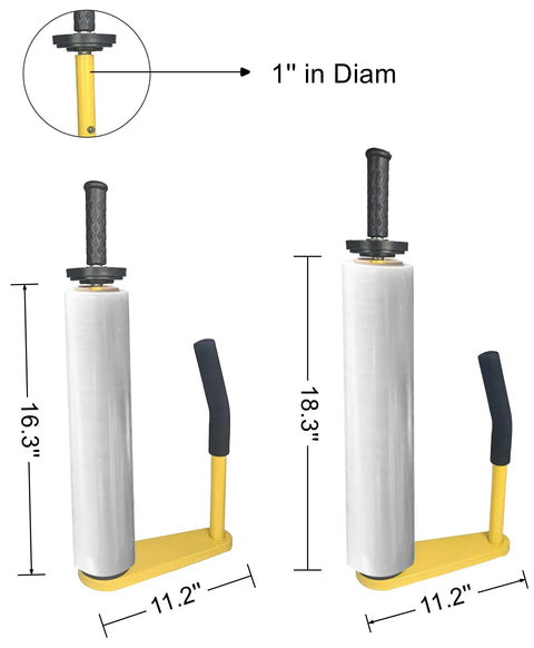 Built Tough Pallet Stretch Film Dispenser With Sure Grip Handle Fits Standard 16 To 18 Inch Rolls, showing measurements and parts.