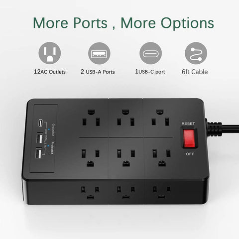 Heavy Duty Power Strip With USB C And Two USB A Ports, 12 AC Outlets, 6 Ft Long Extension Cord, Overload Surge Protector