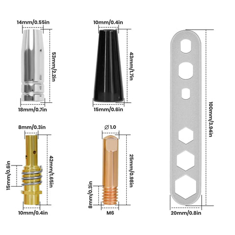 Components of 14AK MIG Welding Gun Kit With 20 Tips 0.039 Inch 1.0mm Contact Tips Nickel Plated Nozzles and Copper Parts