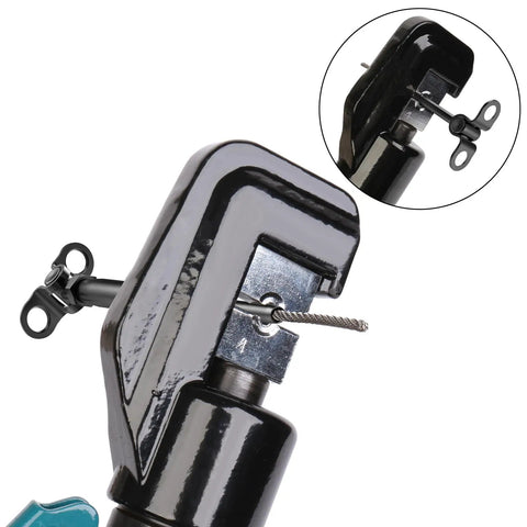 Close-up of Ten Pair One Eighth Inch Black Cable Railing Kit With Swage Toggle Turnbuckle Hardware, tool gripping cable