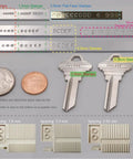 Variety of metal stamps, keys, and coin showing sizes from 1.0mm to 3.0mm, illustrating precise imprinting tools alignment.