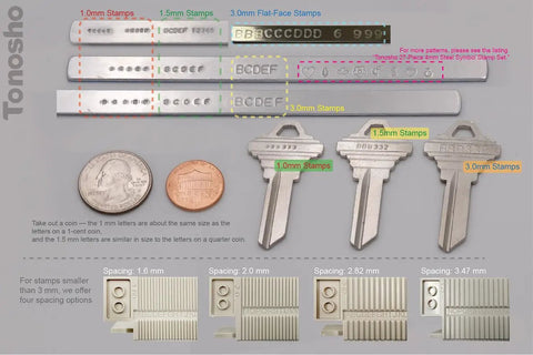 Variety of metal stamps, keys, and coin showing sizes from 1.0mm to 3.0mm, illustrating precise imprinting tools alignment.
