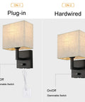 Dope Bedside Wall Mount Light With Dimmer Switch And Two USB Ports, Fabric Linen Shade Wall Sconce, Plug-in and Hardwired options
