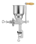 Manual Grain Mill With High Hopper, Hand Crank Corn Grinder, Heavy Duty Cast Iron Wheat Grinder, Stable Table Clamp For Grains Spices Coffee Beans Nuts, No Electric Needed, Off Grid Kitchen Tool in silver with wood handle