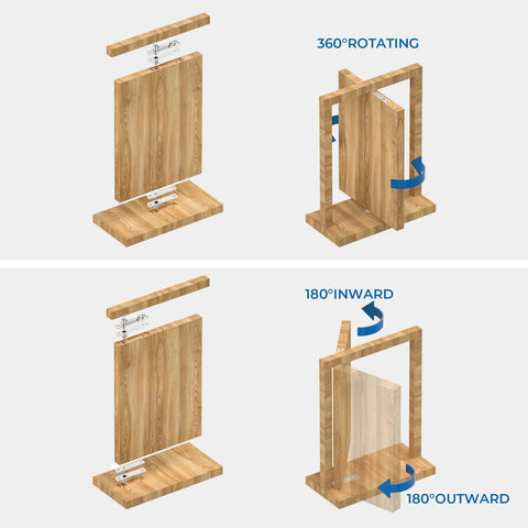Heavy Duty Pivot Hinge For Hidden Doors And Secret Rooms Invisible 360 Degree Rotating Door Hinge For Bookshelf And Revolving Bookcase Doors Stainless Steel Brushed Nickel Finish 1 Pack shown in rotation demonstration.