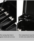 Interior view of large cash box with money tray and lock, showing spring clips and compartment trays for cash handling, black.