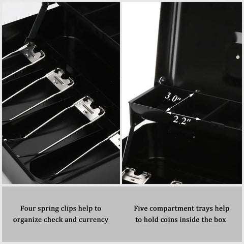 Interior view of large cash box with money tray and lock, showing spring clips and compartment trays for cash handling, black.
