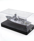 Military RC Warship Boat With 2.4 GHz Remote Control in display case, silver finish, collectible navy vessel toy
