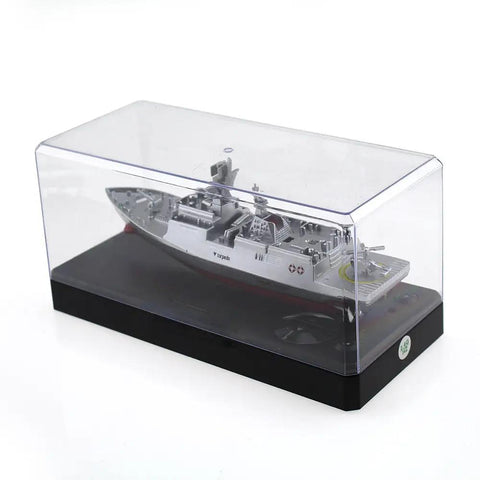 Military RC Warship Boat With 2.4 GHz Remote Control in display case, silver finish, collectible navy vessel toy