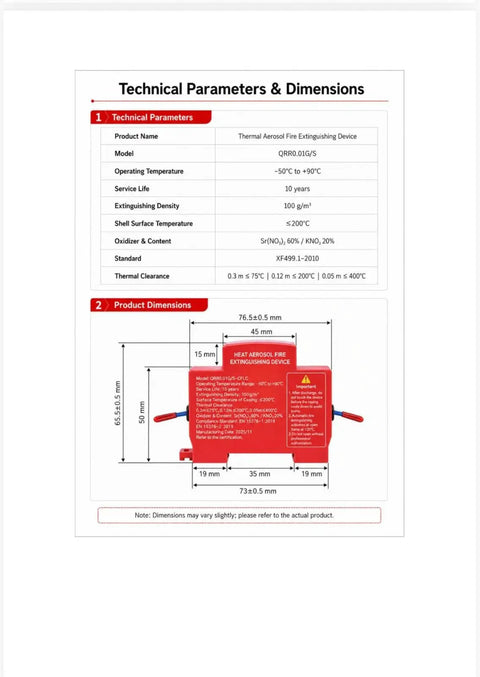 Heavy Duty Self Activating Fire Extinguisher With Clean Agent Protection, dimensions and technical parameters chart.
