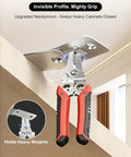 Ultra Slim Magnetic Cabinet Door Catch 4 Pack With Strong Adhesive installed under a cabinet holding pliers, stainless steel design.