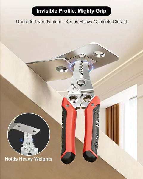 Ultra Slim Magnetic Cabinet Door Catch 4 Pack With Strong Adhesive installed under a cabinet holding pliers, stainless steel design.