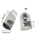 Two M8 Roll In T Slot Nuts For 4040 Aluminum Extrusion, nickel plated, with measurements shown, ideal for 3D printer frames.
