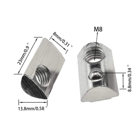 Two M8 Roll In T Slot Nuts For 4040 Aluminum Extrusion, nickel plated, with measurements shown, ideal for 3D printer frames.
