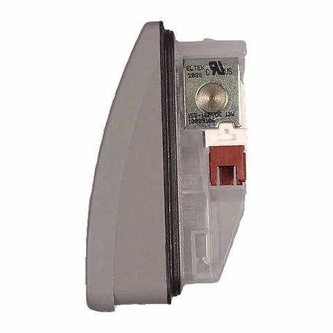 Side view of Dishwasher Detergent Dispenser Assembly 12008380 OEM Replacement Part With Optical Sensor TP3, gray plastic