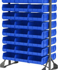 Blue stackable storage bins on a metal rack, visible in a vertical arrangement, suitable for organizing various items.