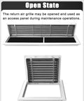 Removable Air Vent Grille Cover With Louvered Mesh White Access Panel For 22X22 Inch Drywall Hatches, shown open for access.