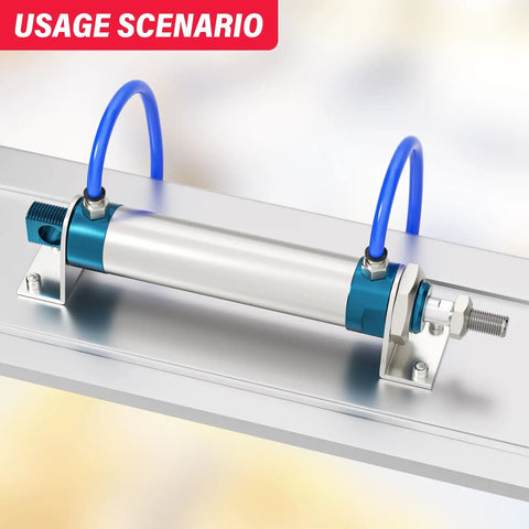 Double Acting Pneumatic Cylinder 25mm Bore 75mm Stroke With Y Connector And Fittings MAL25x75 installed on a metal rail in industrial setup