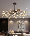 Top-Shelf Modern Firefly Ceiling Fan Light With Glass Shades Delivers High Brightness Tricolor Glow For Living Room 56 Head Chandelier Fan Fixture in stylish living area.