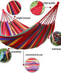 Durable Portable Cotton Hammock For Camping And Outdoor Indoor Use shown with colorful stripes and included features