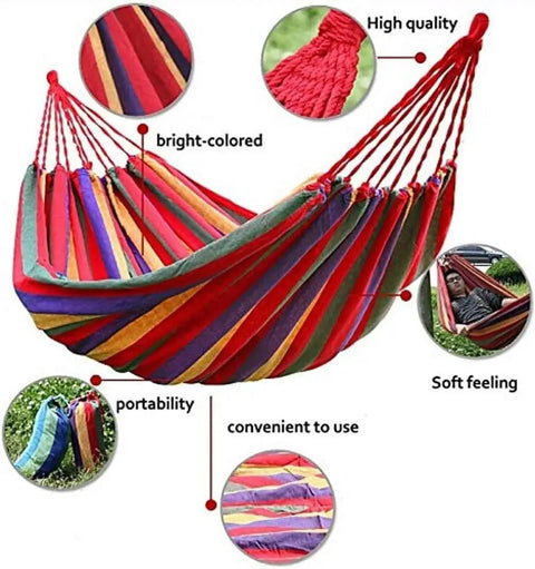Durable Portable Cotton Hammock For Camping And Outdoor Indoor Use shown with colorful stripes and included features