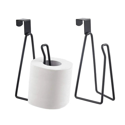 Over The Tank Toilet Paper Holder Stand, Sturdy Metal Tissue Roll Dispenser For Bathroom Storage And Organization, No Fuss Space Saving Design, Mounts Over Tank Or Cabinet Door, Black Finish, side view with tissue roll