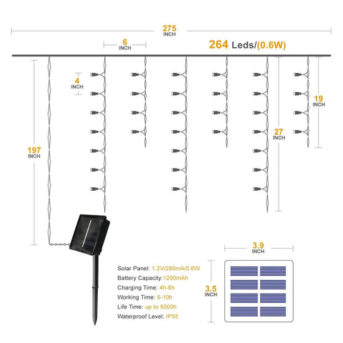 Diagram of Solar Icicle String Lights 36 Ft 264 LEDs Waterproof Weatherproof Extendable Curtain Lights No Fuss Easy Setup