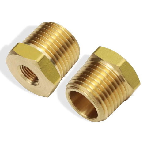 Brass reducing pipe fittings, 1/2 in NPT male to 1/8 in NPT female, hex head, pair