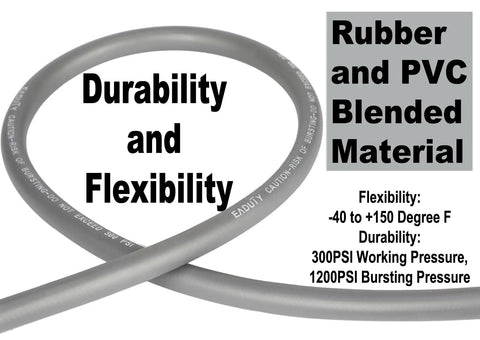 Straight Shooter Hybrid Air Compressor Hose 3/8 Inch By 3 Feet Lays Flat Kink Free Rubber Pvc Build showing durability and flexibility details.