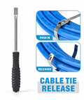 Close-up of cable tie release tool with instructions for Stainless Steel Cable Tie Gun Kit For Heavy Duty Cabling Up To 12mm Wide