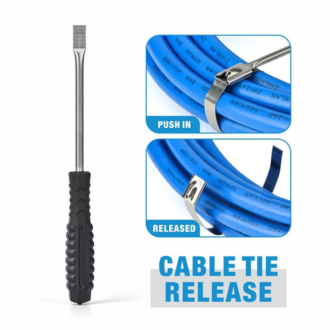 Close-up of cable tie release tool with instructions for Stainless Steel Cable Tie Gun Kit For Heavy Duty Cabling Up To 12mm Wide